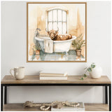 Watercolor painting of a brown Highland cow lounging in a white clawfoot bathtub with beige tiled walls and a window behind, flanked by green potted plants.