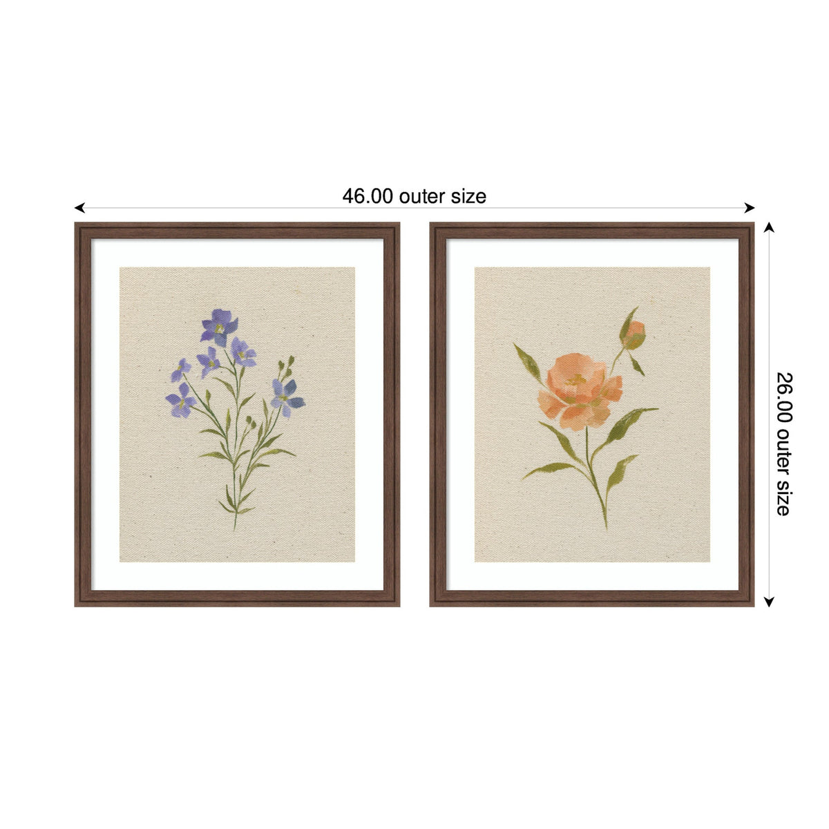 Two framed floral prints side by side, one with delicate purple flowers and green stems, the other with soft orange flowers and green leaves, both on beige textured backgrounds.