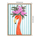 Illustration of a vibrant orange flamingo with pink flowers and green leaves on its head against a vertical blue and white striped background in a textured beige frame.