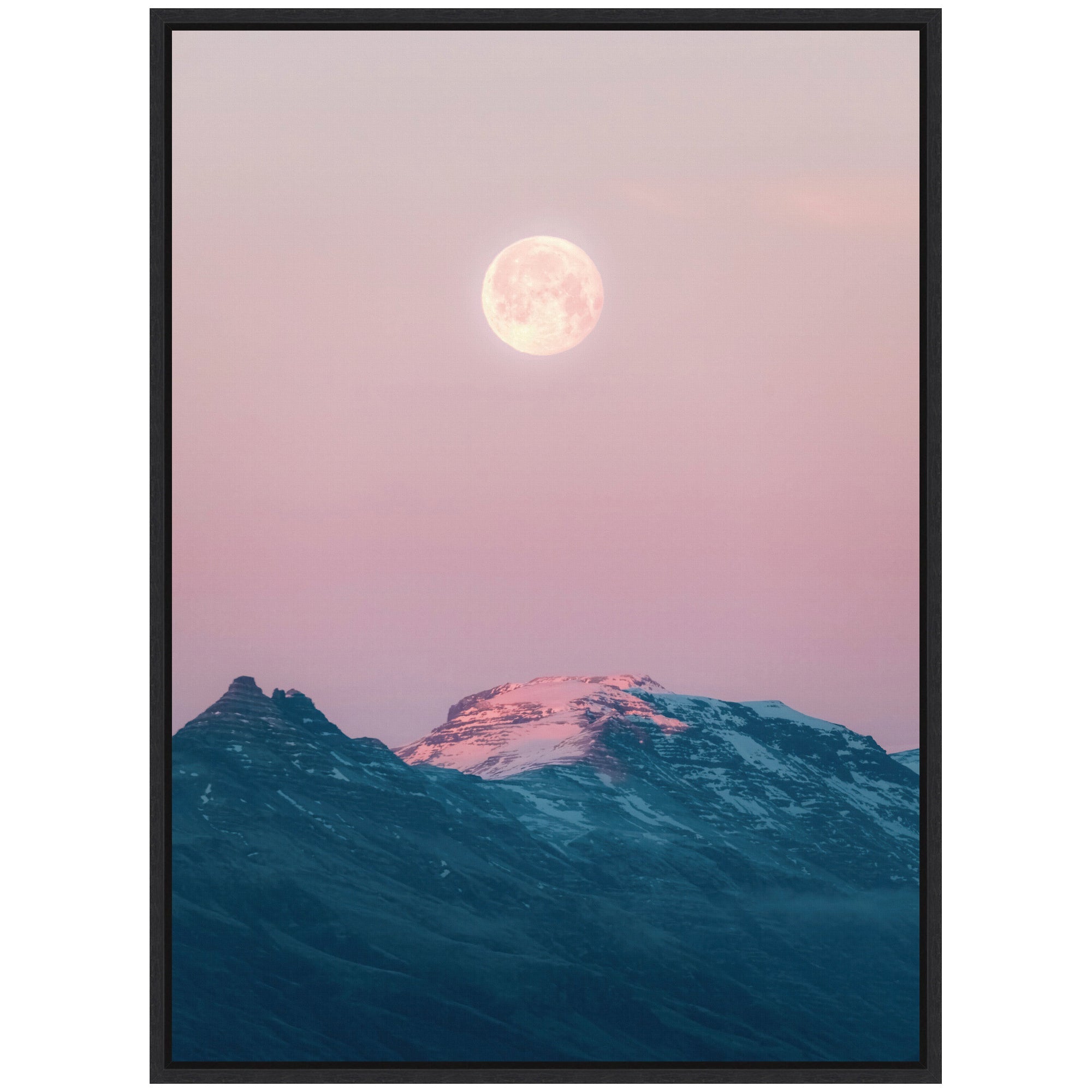 Framed canvas art titled Sylvie Pastel Moonrise over Icelandic Mountains depicting a soft pastel mountain landscape with a moonrise.