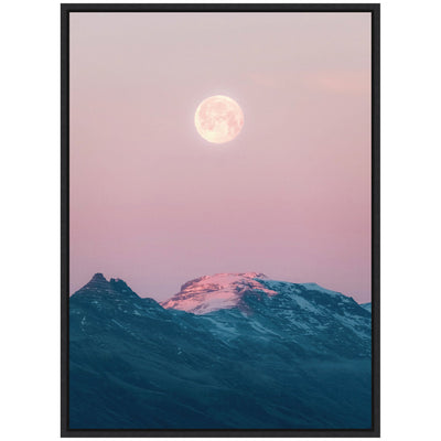 Framed canvas art titled Sylvie Pastel Moonrise over Icelandic Mountains depicting a soft pastel mountain landscape with a moonrise.