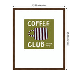 Framed wall art with a sage green square featuring a striped coffee cup and the white text 'COFFEE CLUB served daily' in playful handwritten font.