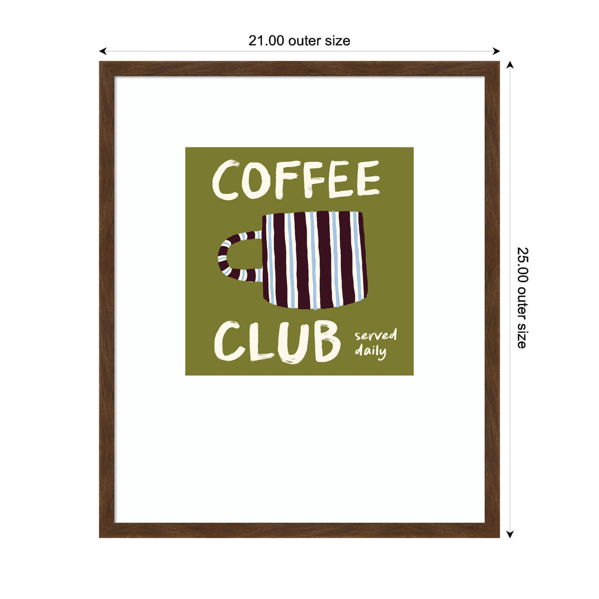 Framed wall art with a sage green square featuring a striped coffee cup and the white text 'COFFEE CLUB served daily' in playful handwritten font.