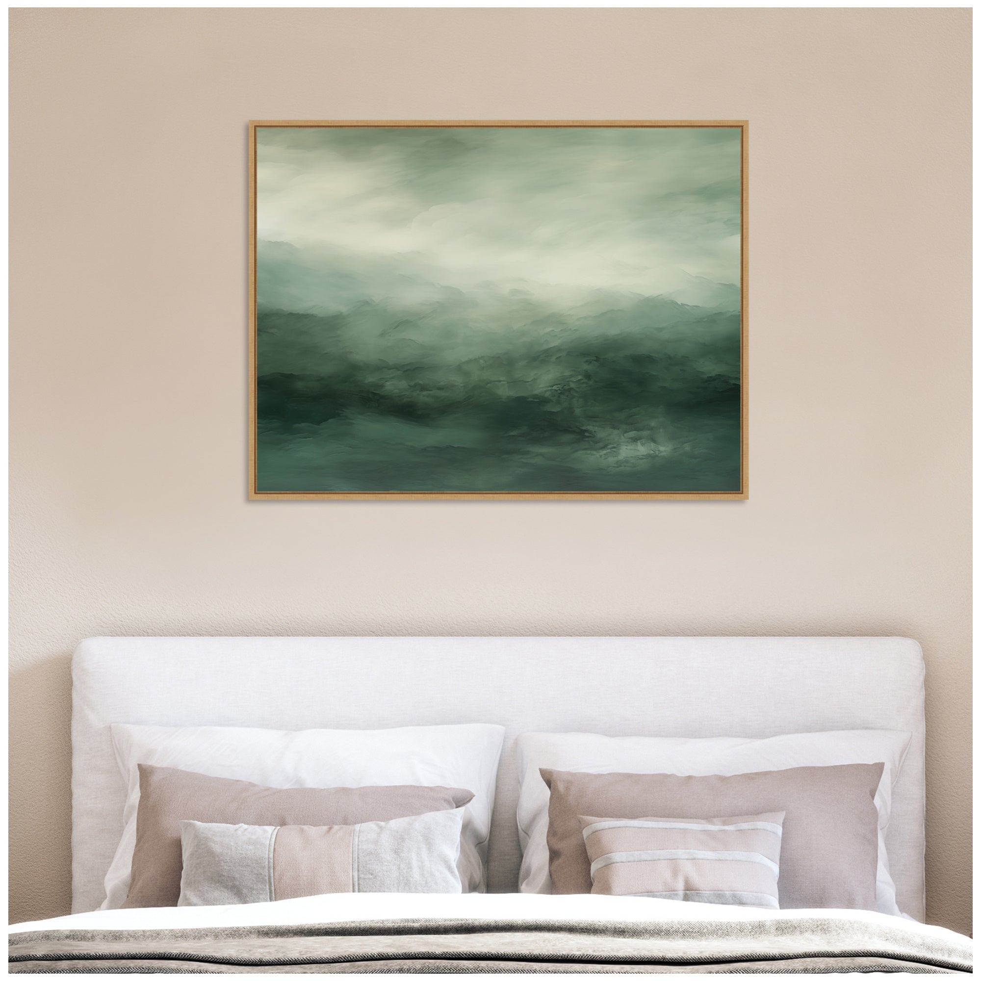 Tonal Abstract Comforting Sage Emerald Forest Green Landscape Horizontal Framed Canvas