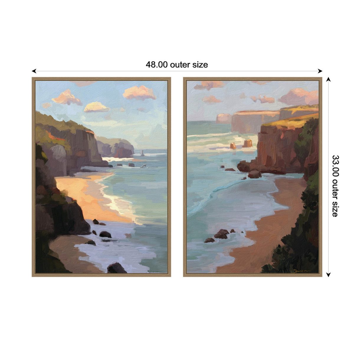 Two framed canvas paintings side-by-side showing coastal cliffs with ocean waves, featuring warm sunlight and soft clouds in a serene natural landscape.