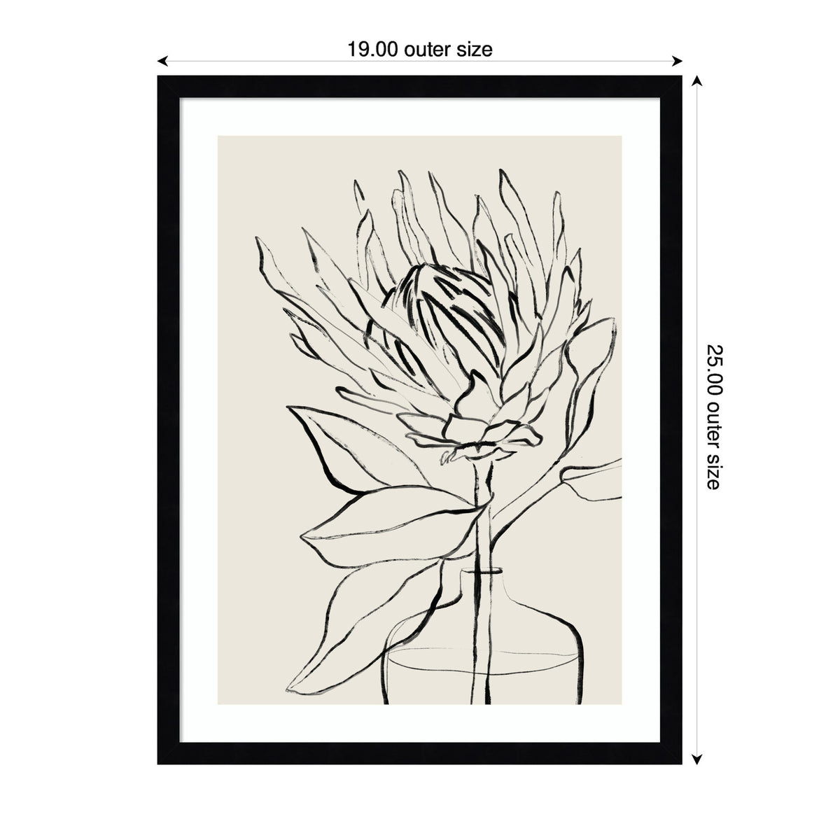 Black line sketch of a protea flower with leaves in a simple glass vase, framed in black with white mat, on beige background with measurement labels.