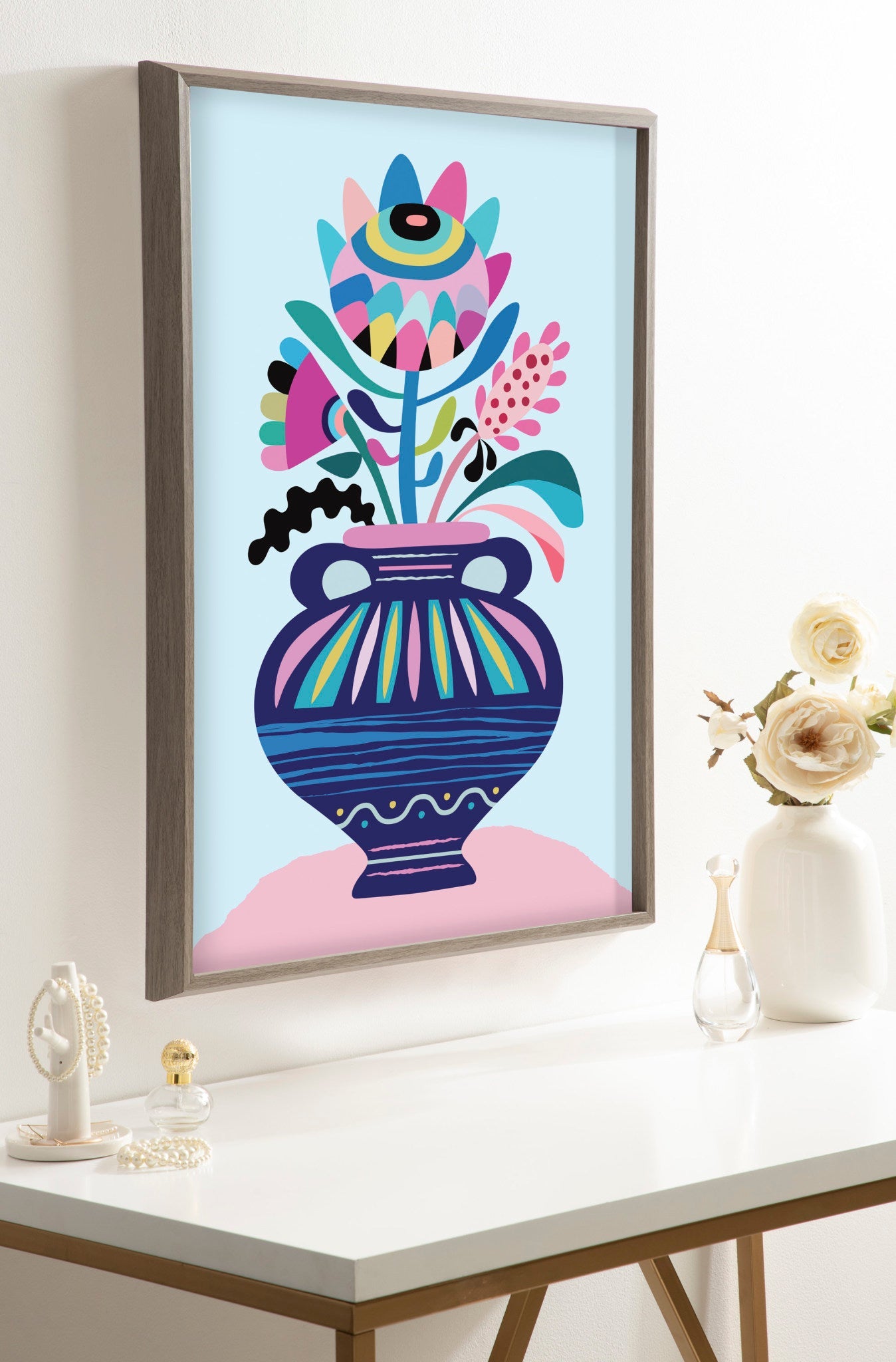 Blake Mid Century Modern Whimsical Floral Framed Printed Art by Rachel Lee