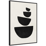Abstract artwork featuring four irregular black semi-circles stacked vertically on a textured off-white background in a thin black frame.