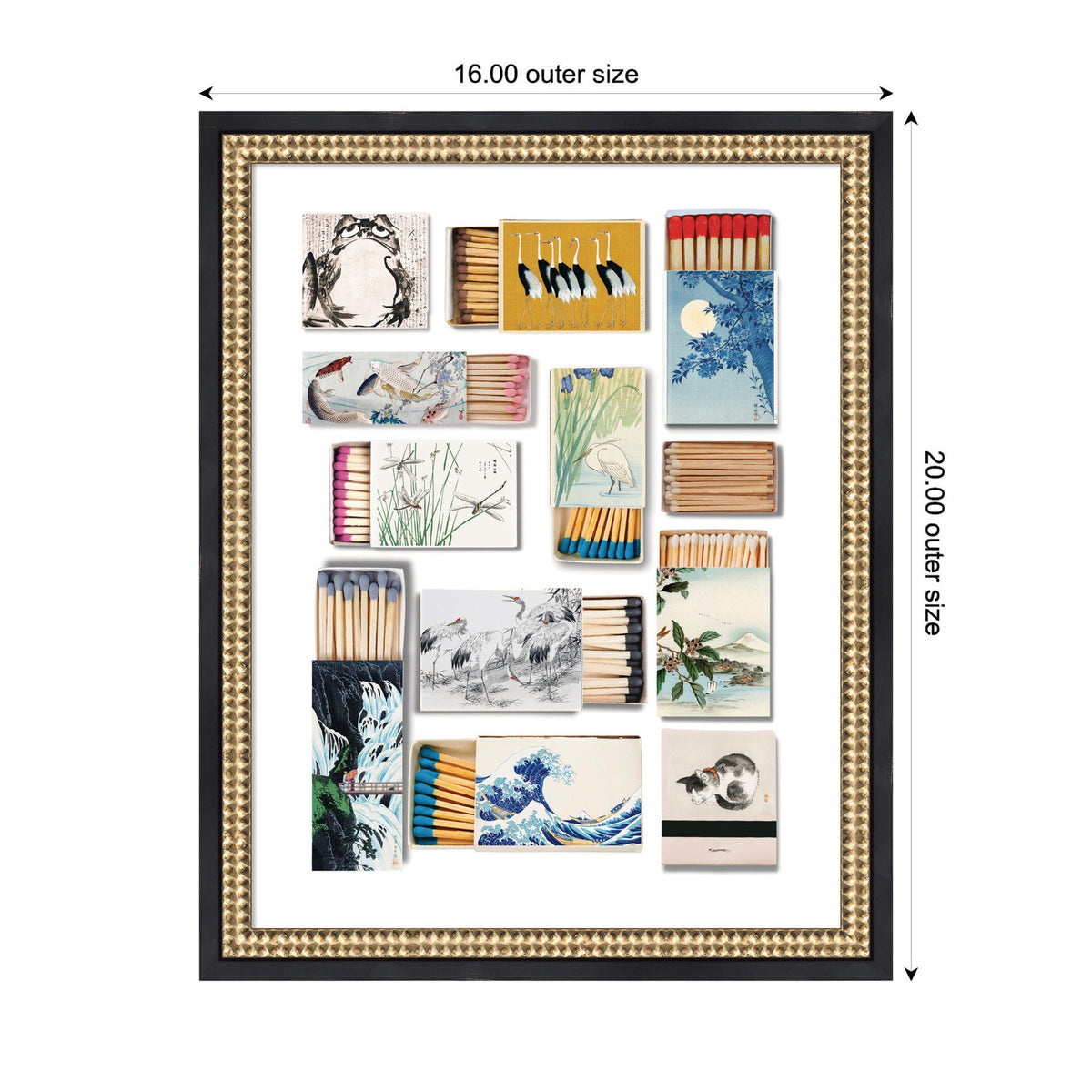 Framed print featuring twelve Japanese matchbooks with traditional illustrations, including cranes, waves, frogs, and a cat, arranged on a white background.