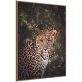 Framed canvas art titled Moody Leopard In The Rainforest Color showing a colorful leopard in a rainforest scene
