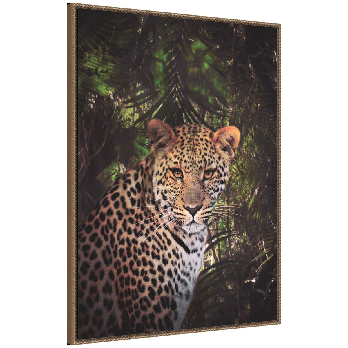 Framed canvas art titled Moody Leopard In The Rainforest Color showing a colorful leopard in a rainforest scene