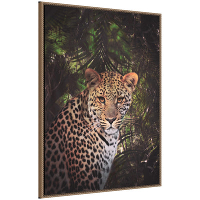 Framed canvas art titled Moody Leopard In The Rainforest Color showing a colorful leopard in a rainforest scene