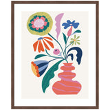 Colorful abstract flowers with bold shapes and a pink striped vase, featuring large yellow, orange, blue, and green petals and leaves in a whimsical arrangement.