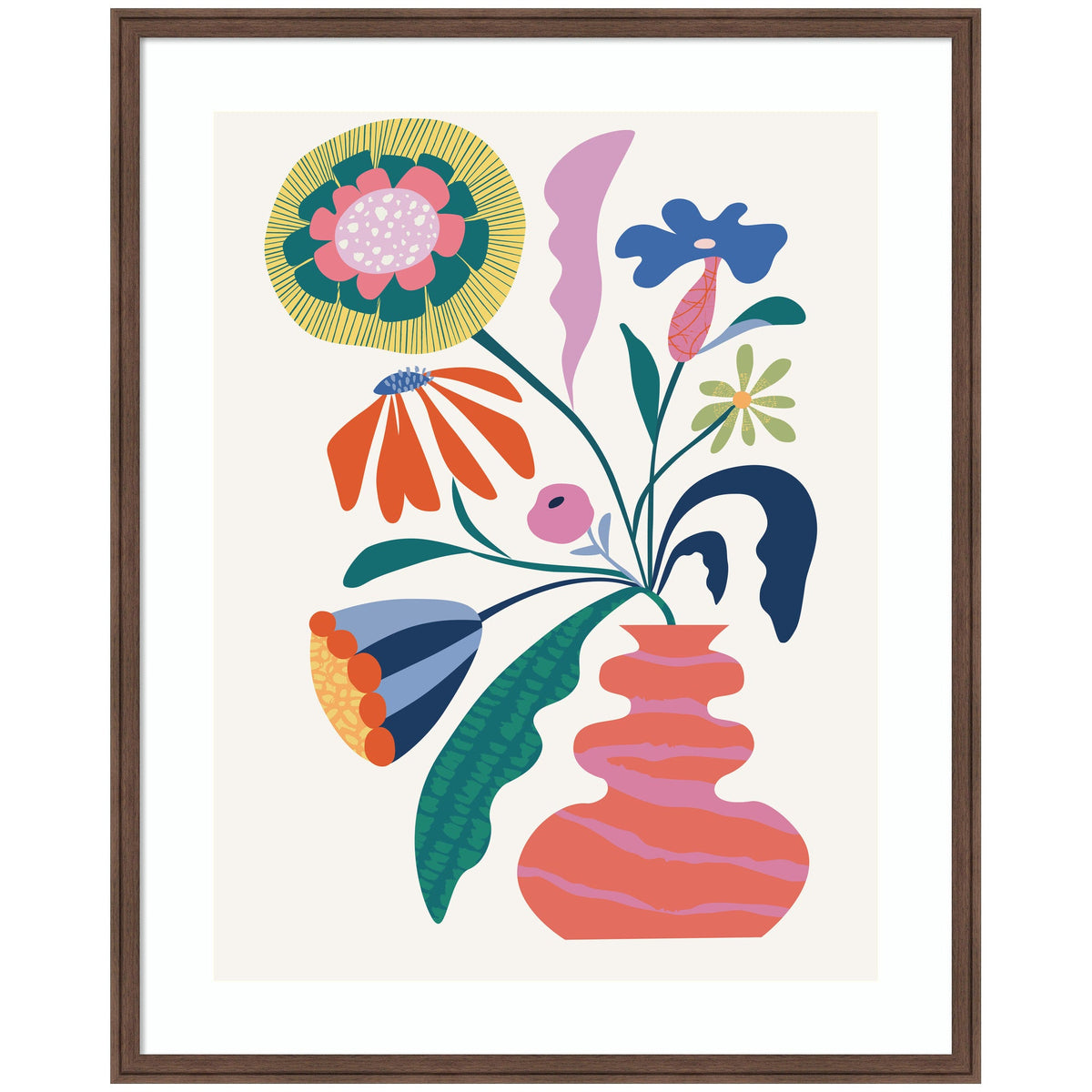 Colorful abstract flowers with bold shapes and a pink striped vase, featuring large yellow, orange, blue, and green petals and leaves in a whimsical arrangement.