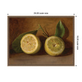 Still life painting of two halved lemons with green leaves on a muted brown background, framed in a decorative gold frame.
