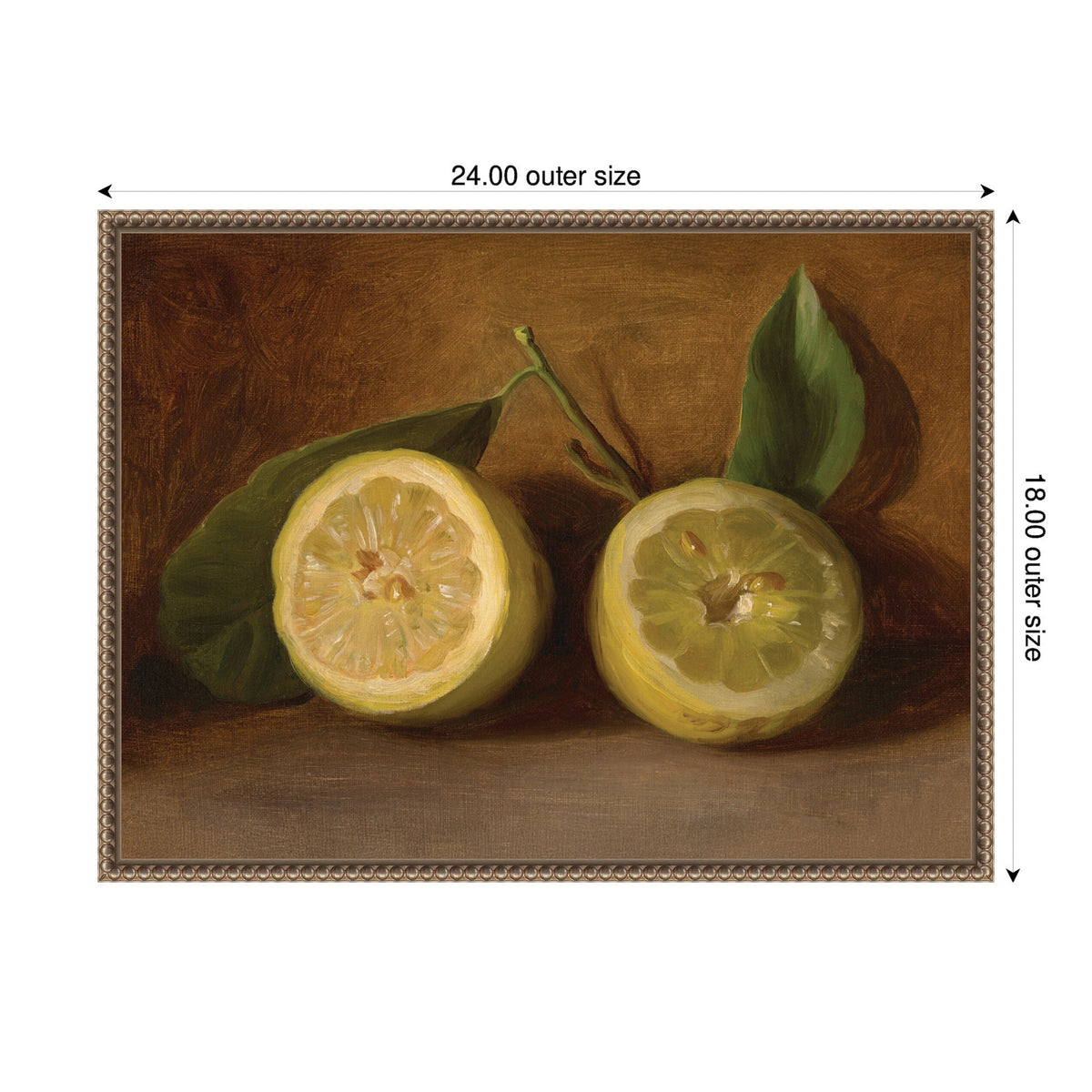 Still life painting of two halved lemons with green leaves on a muted brown background, framed in a decorative gold frame.
