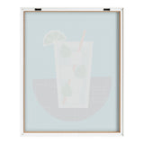 Minimalist framed art print showing a light pastel mojito glass with lime wedge and mint leaves on a soft blue background.