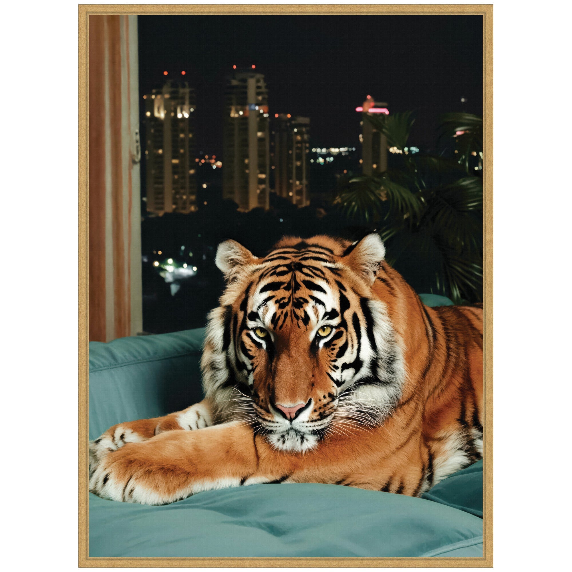 Sylvie Tiger in the City at Night 1 Framed Canvas by Michael Schauer