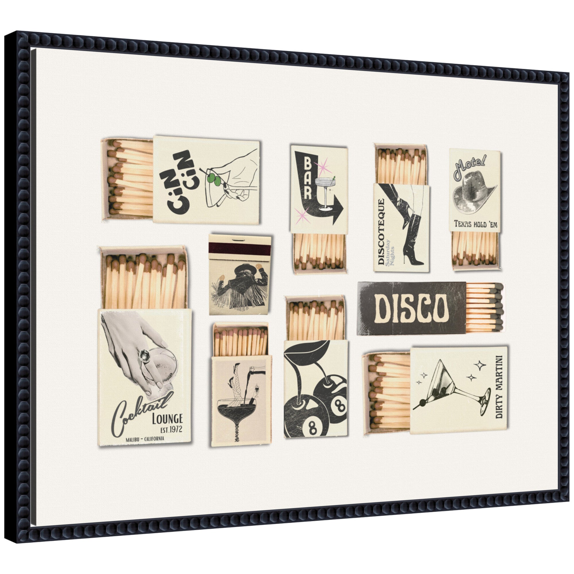 Framed canvas wall art showing vintage matchboxes in neutral black and beige tones arranged side by side
