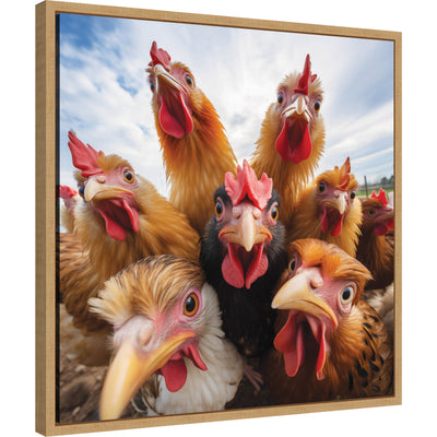 Framed canvas art showing a whimsical chicken taking a selfie with a smartphone
