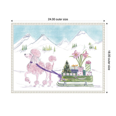 Sylvie Beaded Pink Poodle and Present Sled Framed Canvas by Patricia Shaw
