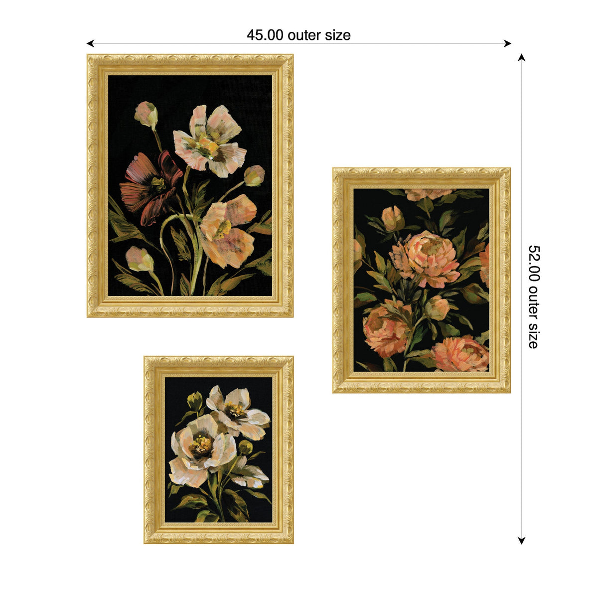 Three framed floral prints with gold ornate frames on a black background featuring pink and beige flowers and green leaves, arranged in an asymmetrical layout.