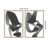 Two framed abstract black and white artworks side by side, each featuring flowing, ribbon-like shapes with gradient shading on a white background, measuring 48 by 33 inches combined.