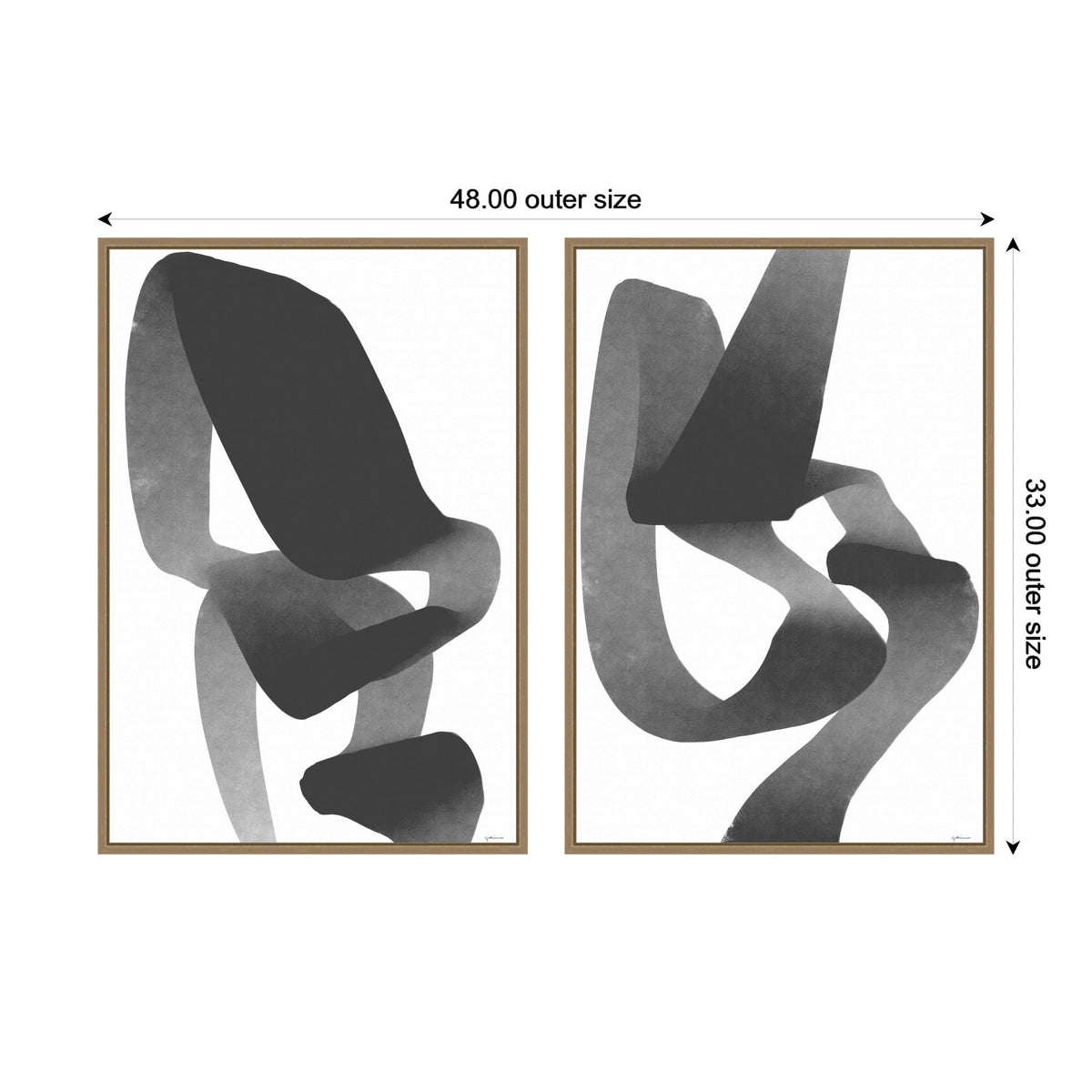 Two framed abstract black and white artworks side by side, each featuring flowing, ribbon-like shapes with gradient shading on a white background, measuring 48 by 33 inches combined.
