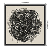 Abstract black linework forming a dense, tangled circular pattern on a beige canvas within a thin black frame, measuring 22 by 22 inches outer size.