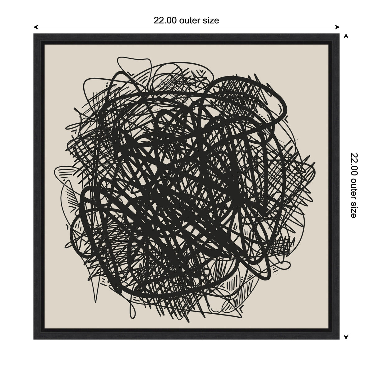 Abstract black linework forming a dense, tangled circular pattern on a beige canvas within a thin black frame, measuring 22 by 22 inches outer size.
