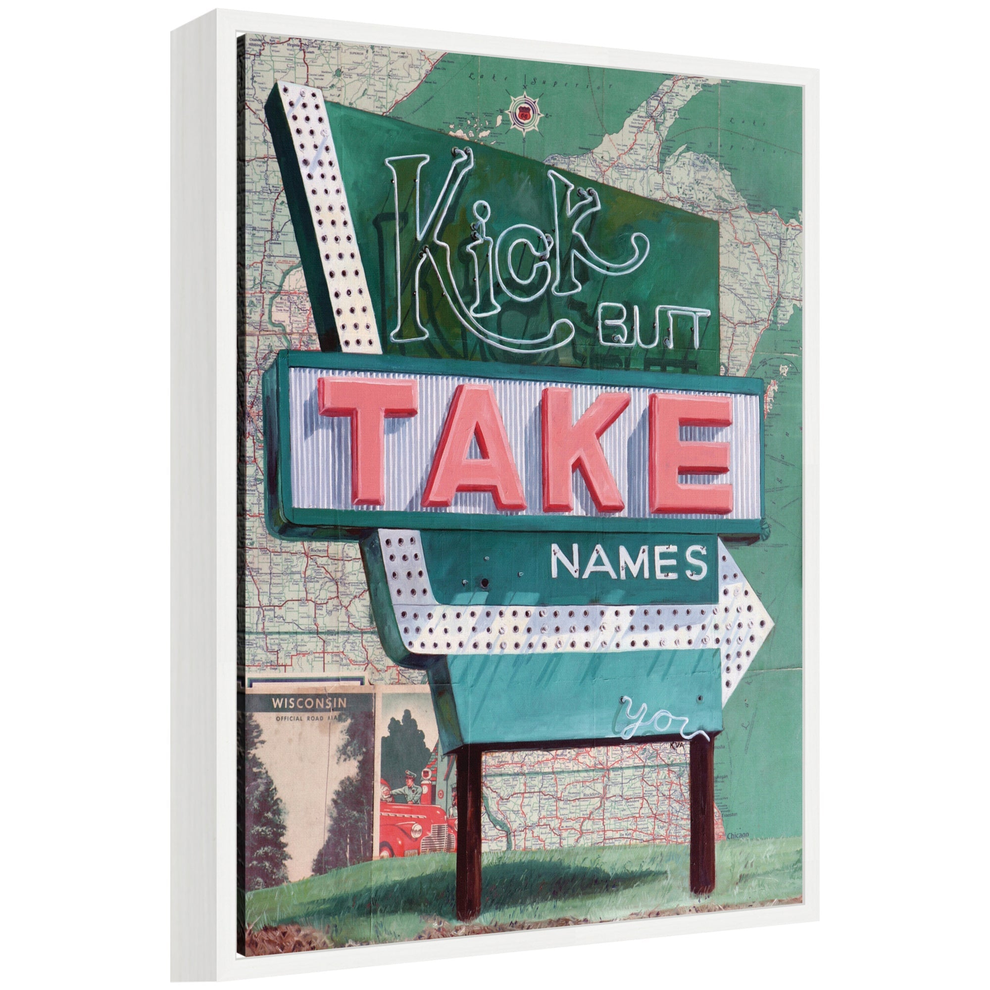 Kick Butt Take Names framed canvas wall art print with Sylvie white frame hung on a light-colored wall