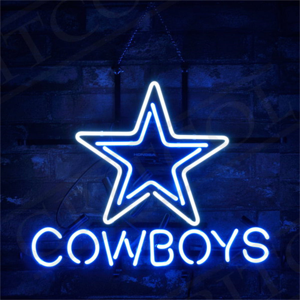 Dallas Cowboys Neon Signs Light mounted on a wall, glowing bright blue and white