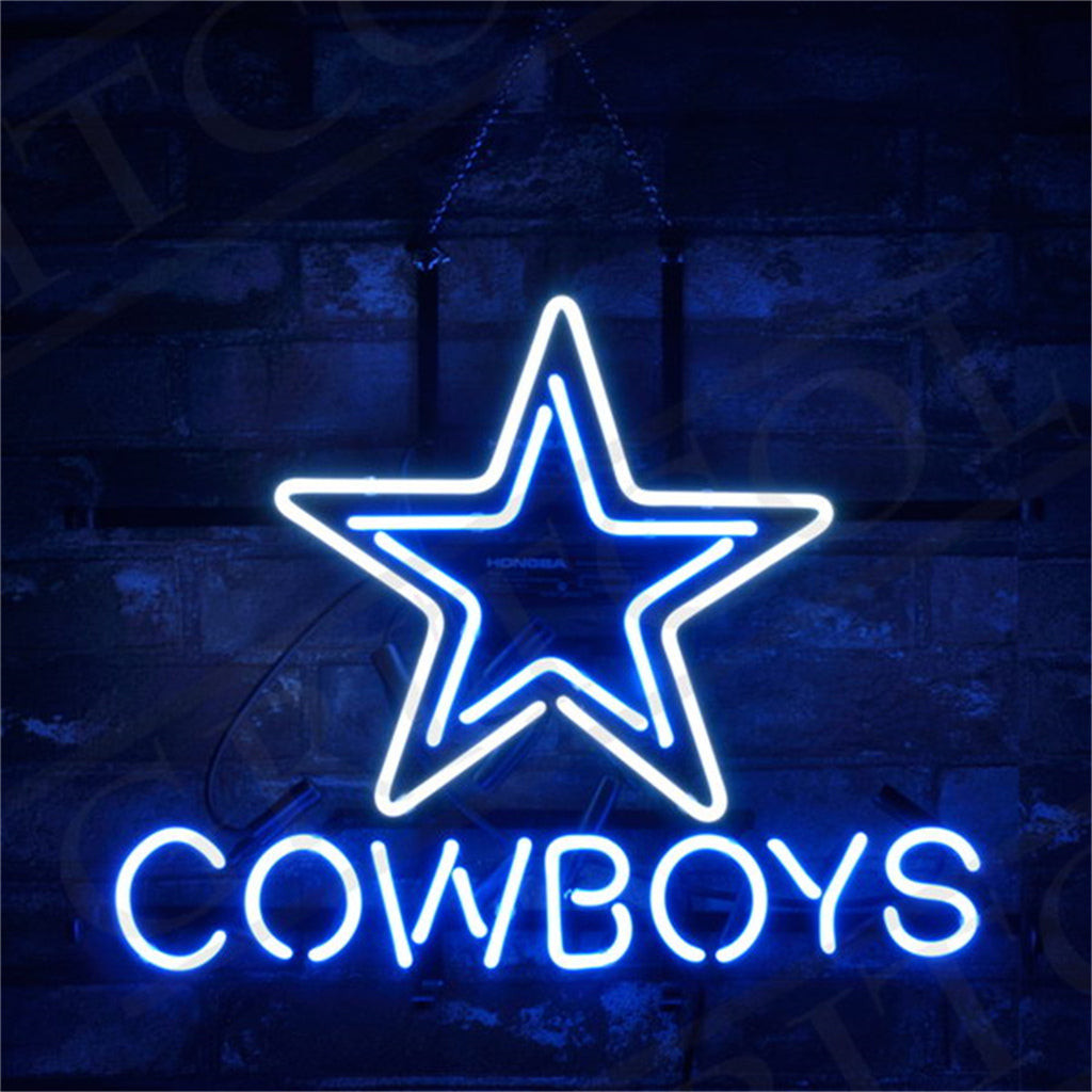 Dallas Cowboys Neon Signs Light mounted on a wall, glowing bright blue and white