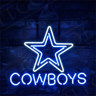 Dallas Cowboys Neon Signs Light mounted on a wall, glowing bright blue and white