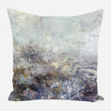 Abstract cushion with textured brushstrokes in muted tones of blue, gray, and brown, blending in a misty, layered composition