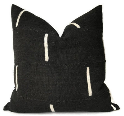 Dashes Print Mudcloth Pillow Cover in Black displayed on a light fabric background