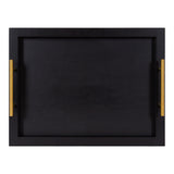 Rectangular black wooden tray with a recessed base and two vertical gold metal handles on opposite sides