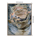 Abstract circular brushstrokes in muted tones of beige, gray, and blue form a swirling pattern on a framed canvas with outer dimensions marked as 32 by 42 inches.