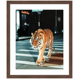 Tiger walking confidently across a city crosswalk at night, highlighted by streetlights with dark urban background and illuminated signage.