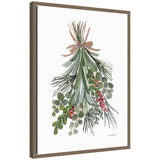 Framed canvas showing watercolor painting of green leaves and small red berries tied with twine