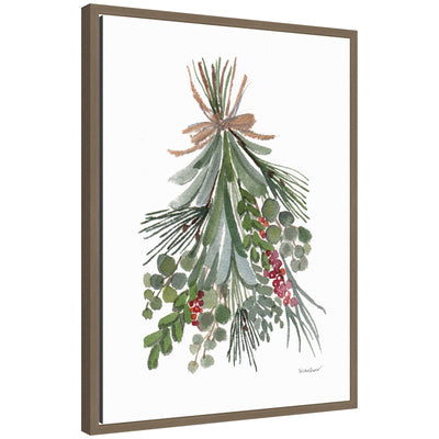 Framed canvas showing watercolor painting of green leaves and small red berries tied with twine