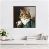Portrait of a brown tabby cat dressed in a vintage teal coat and white ruffled collar, holding a teacup with a gold rim inside an ornate wooden frame.