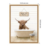 Highland cow with long shaggy hair bathing in a cream clawfoot tub filled with bubbles, under a wooden sign reading 'Wash Yer Horns' on a white shiplap wall.