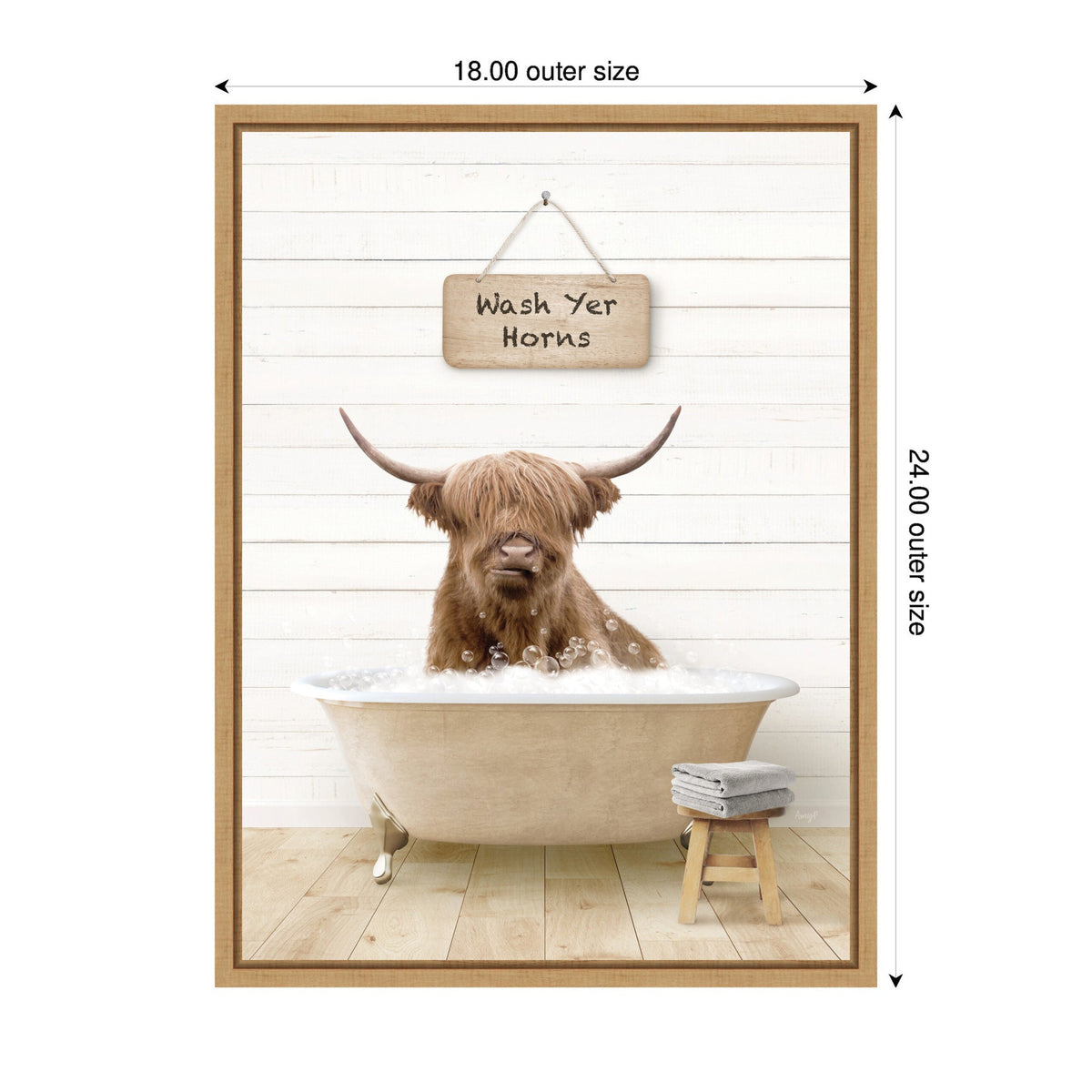 Highland cow with long shaggy hair bathing in a cream clawfoot tub filled with bubbles, under a wooden sign reading 'Wash Yer Horns' on a white shiplap wall.