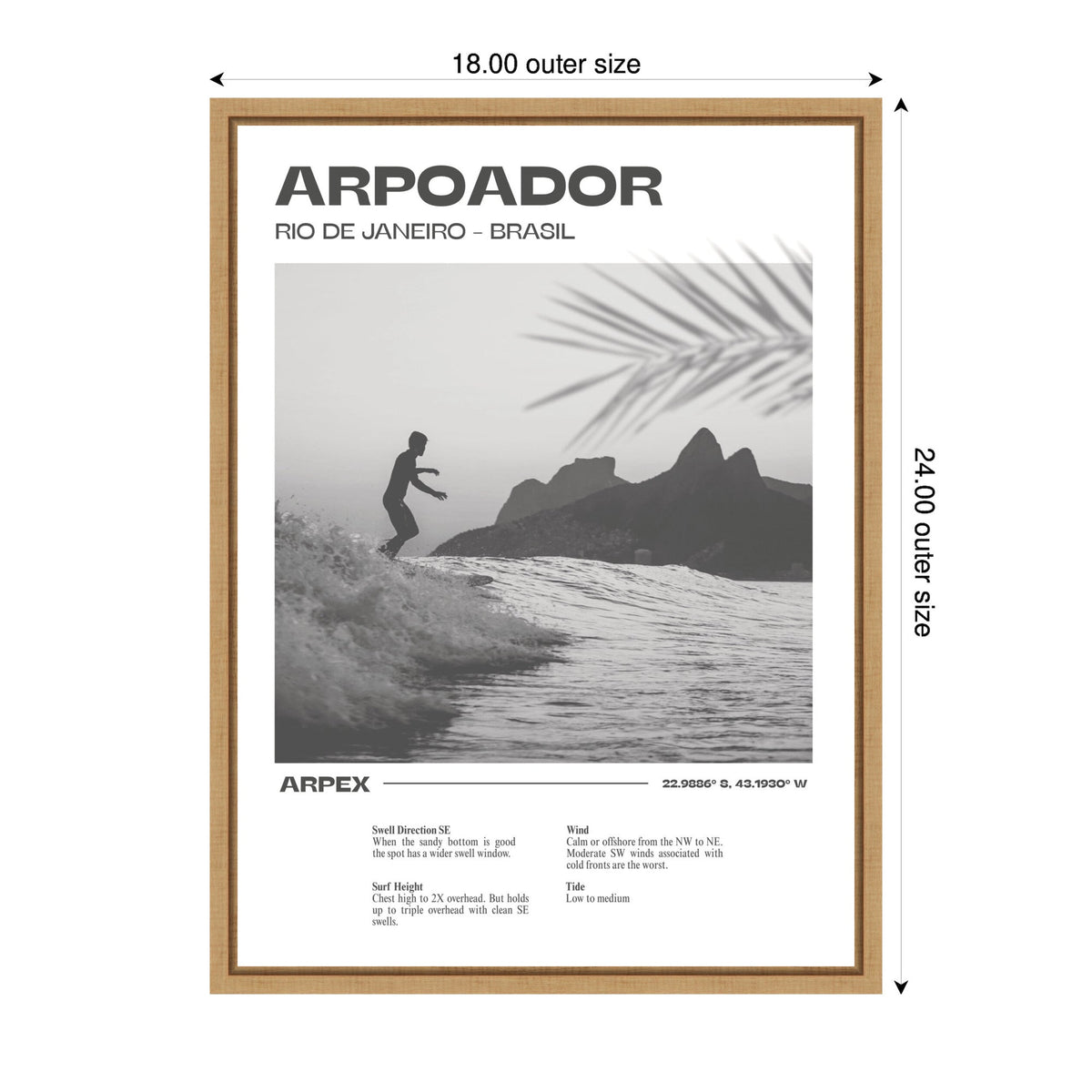 Black and white framed photo of a surfer riding waves with distant mountains and palm leaves in Rio de Janeiro, labeled 'Arpoador' with coordinates and surf details.