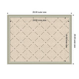 Rectangular beige pinboard with green lattice pattern, framed in light green, showing dimensions 26x20 inches outer and 24x18 inches inner size.