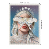 Portrait of a woman with platinum blonde hair, red lips, and a large white moth covering her eyes against a starry purple-blue background with moon phase halo.
