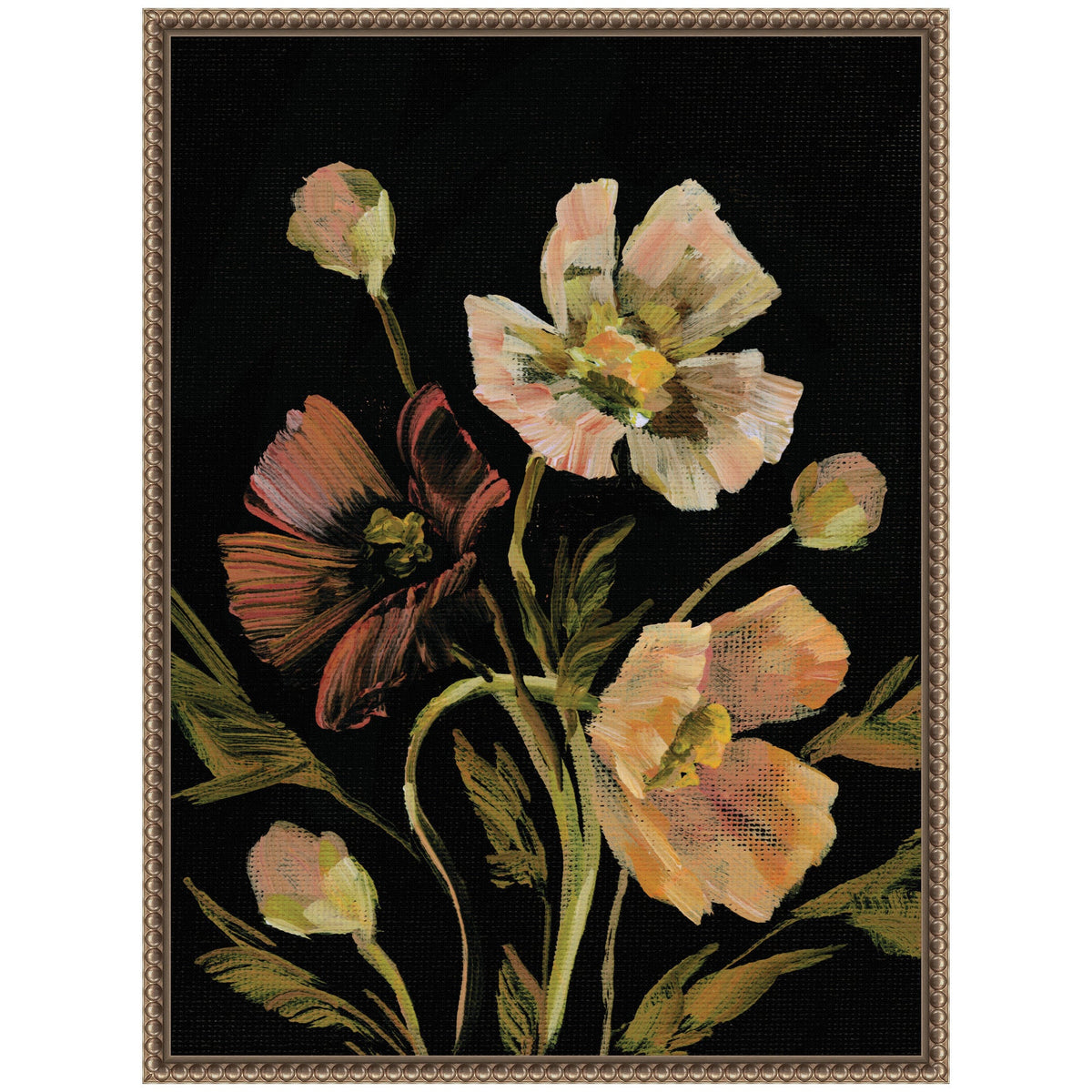 Painted bouquet of cream, peach, and dark red flowers with green leaves on a black background in an ornate gold frame.