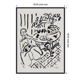 Black ink sketch of a seated girl next to a decorative round table with a fruit bowl and a vase of flowers on a patterned floor, signed and dated 1947.