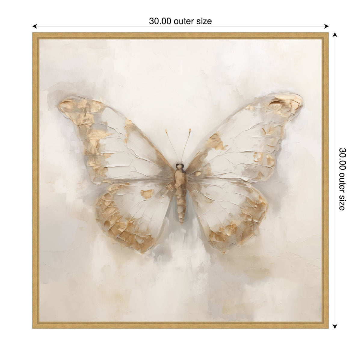 Framed artwork of a butterfly with translucent wings featuring beige and white tones, set against a soft, light neutral background and square frame.
